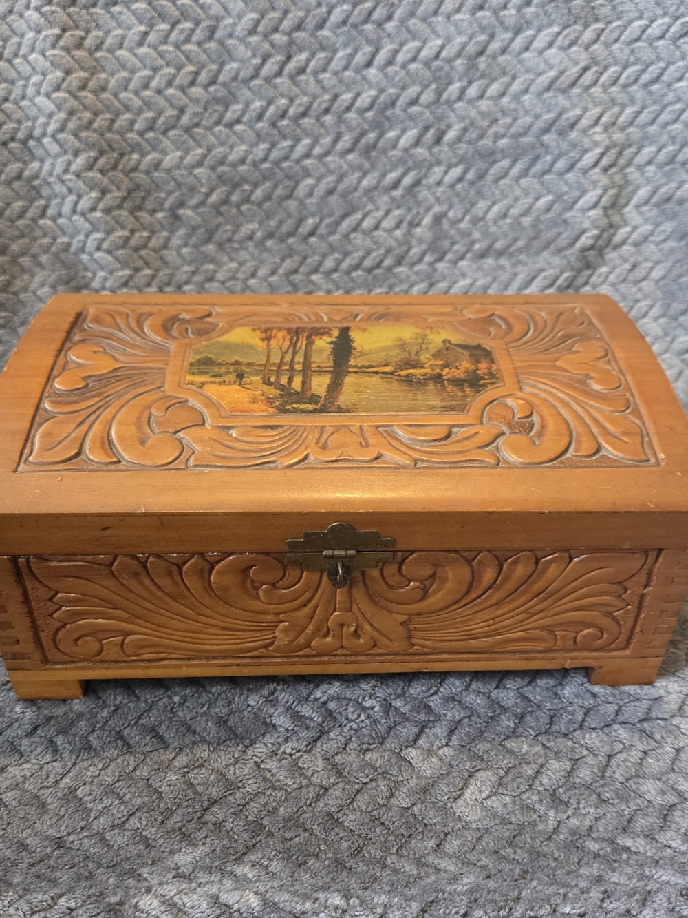 Vintage Folk Art Carved Wood Jewelry Music Box Chest River Cottage Scene